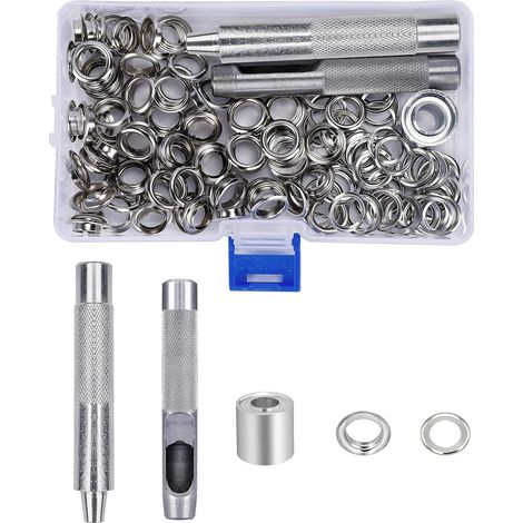 Kit de 100 ojales metálicos de 10 mm con caja de almacenamiento para lonas, lonas y cortinas.