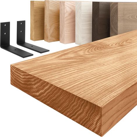 LAMO Manufaktur étagère murale en bois massif, bord régulier, étagère de rangement Basic, bois foncé / équerre noire 70cm, LWG-01-A-004-70LS