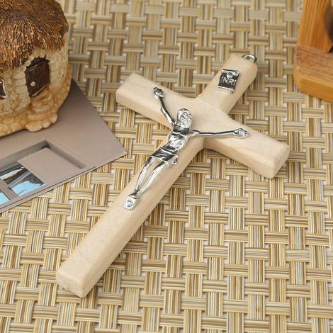 Croce da parete in legno, targa artigianale raffigurante Gesù cattolico, crocifisso con foro, ideale per decorare le pareti di casa o della chiesa.