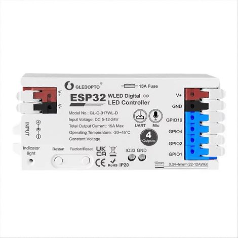 ESP32 WLED-Controller mit 4 Ausgängen, 15-A-Sicherung, Mikrofon, Sound, dynamischer Beleuchtung, Energiesparrelais, Pegelwandler-IC, weiß (1/5)