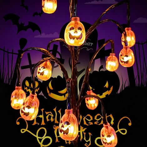 Arbre décoratif solaire Halloween avec 12 citrouilles lumineuses à visage grimace, IP44, 3,6W, tension 4,5V