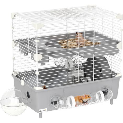 Cage pour hamster à 2 niveaux avec roue de course salle de bain en sable pour hamster nain 44,5 x 28 x 44 cm gris (1/5)