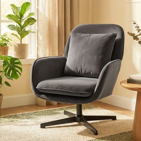 Fauteuil lounge, fauteuil d'appoint en velours capitonné avec assise large, coussins et structure en métal, gris foncé (1/5)