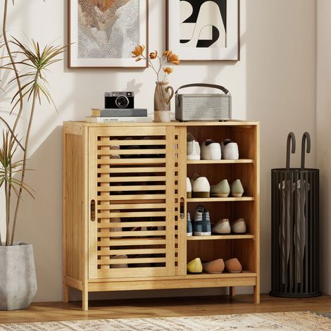Meuble à chaussures en bambou 16 paires, armoire à chaussures, 2 portes coulissantes, étagères réglables, bois naturel (1/5)