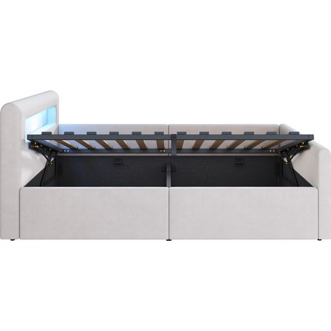 Gepolstertes Kinderbett 90 x 200 cm beige mit LED, USB, Stauraum und Lattenrost (1/5)