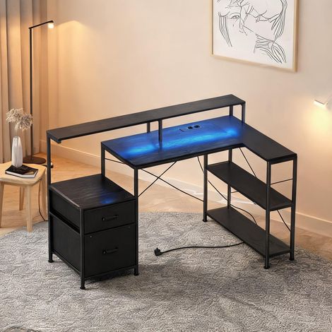 Bureau d'angle gaming avec LED et prises 165 x 80 x 91,5 cm noir (1/5)