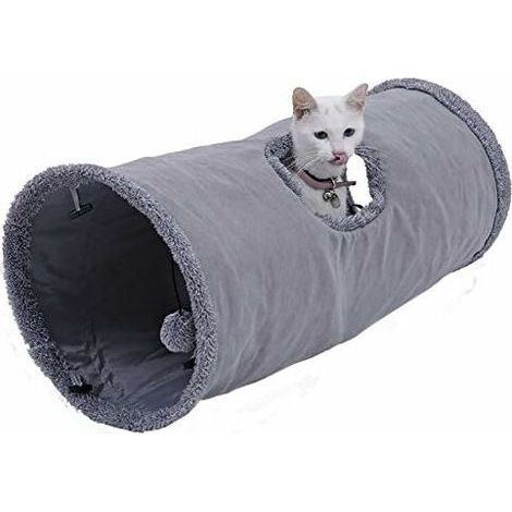 Jouet Tunnel pour Chat en Daim, Grand Tunnel a Chat Pliable avec 2 Trous et Boule Suspendue pour Chats Chatons Lapins Dia25 50cm (1/4)