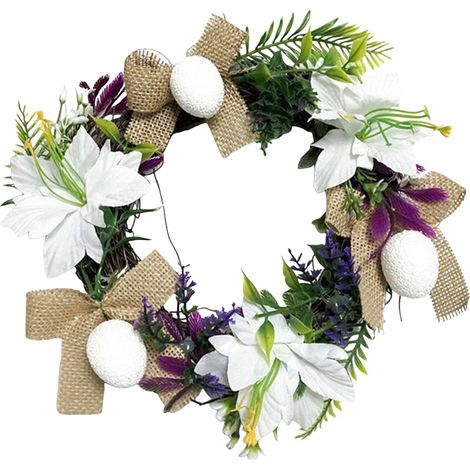 Guirlande De Pâques - 30 Cm - Œufs Peints Et Fleurs Artificielles - Décoration Pour Porte D'Entrée Mur Ou Intérieur - 1 Pièce (1/5)