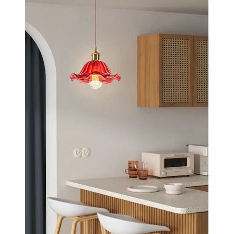 Moderne Lustre Suspension en Verre Rouge,E27 Lampe de Plafond Vintage Abat-jour Design Fleurs Rouge Plafonnier Retro,25cm (1/5)