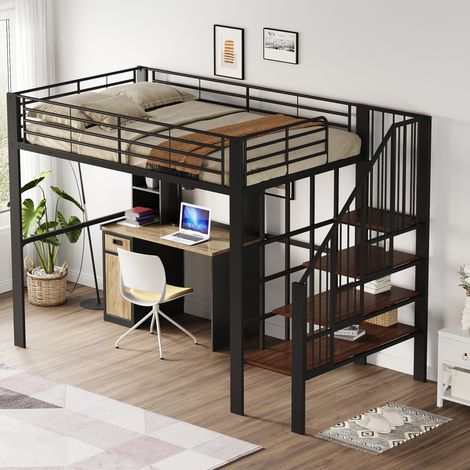 Hochbett 140 x 200 cm mit Treppe und Stauraum unter dem Bett, Metall, Schwarz HAVRYA (1/5)