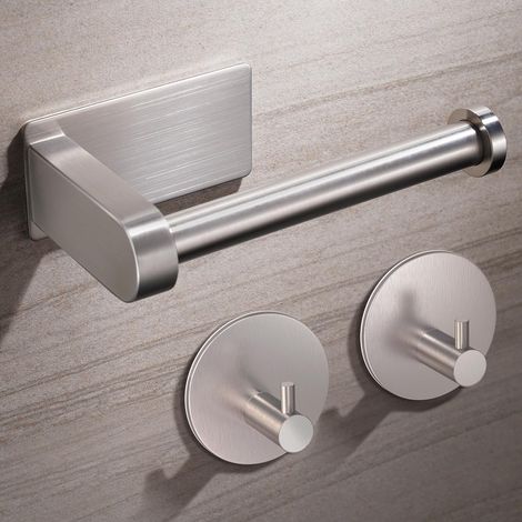 Porte-Papier Toilette sans perçage - Argenté - avec 2 Crochets adhésifs - en Acier Inoxydable - avec Colle - pour Salle de Bain