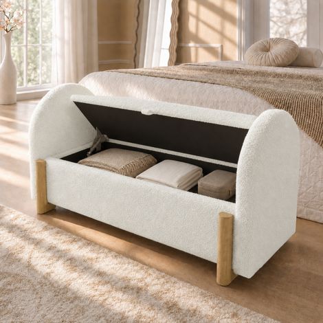 Banco arcón 106x47x61 cm de chenilla bouclé blanca, almacenaje para dormitorio – MEUBLIV (1/5)