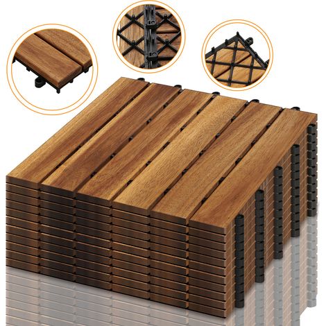 Jiubiaz 66 pièces de dalles en bois d'acacia 30 x 30, dalles à clipser pour balcons et terrasses, dalles en bois pour terrasses, système à clipser, pour l'extérieur, résistantes aux intempéries et ant