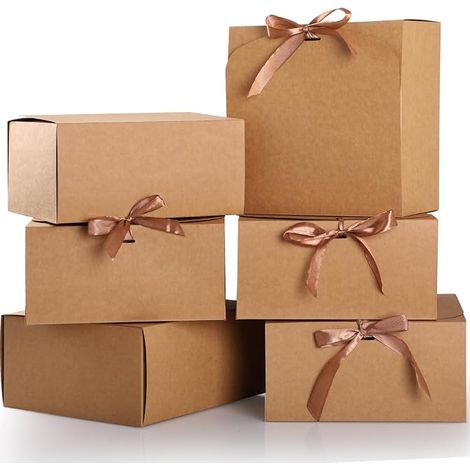 Pack of 10 Gift Boxes with Lids, 20 x 20 x 10 cm, with Ribbon, for Baking, Biscuits, Foods, Folding Kraft Paper, for Birthday, Wedding, Christmas Brown (1/5)