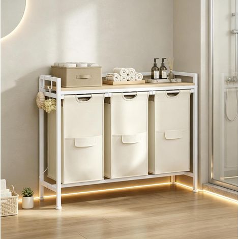 Cesto portabiancheria a 3 scomparti rimovibili, 96 x 30 x 71 cm, bianco e legno chiaro DESVIAE (1/5)