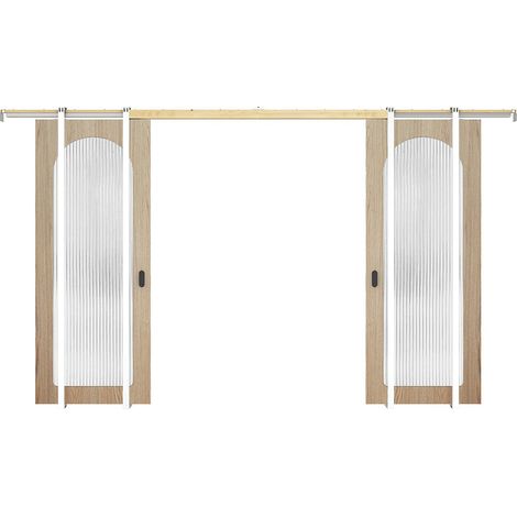 Porte coulissante double avec système à galandage en bois et MDF - arche naturel clair et verre trempé cannelé - 2 x H205 x L93 cm - ODEZA (1/3)