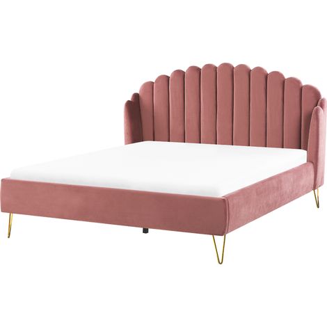 Cama con somier de terciopelo rosa 180 x 200 cm patas de metal cabecero retro capitoné Ambillou