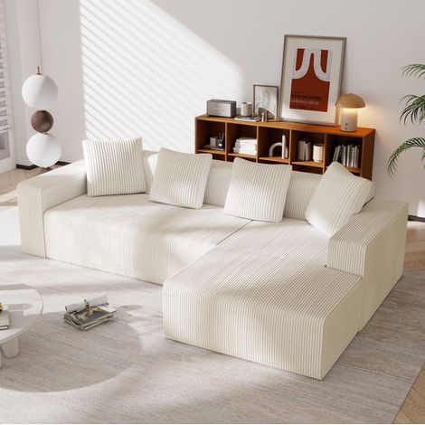 Sofá modular en L con chaise longue, 261 x 146 x 65 cm, tejido tipo pana blanco HAVRYA (1/5)