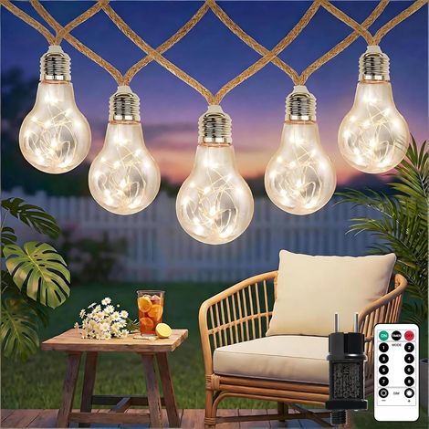 Guirlande Lumineuse Exterieure, 7M 20LED Guirlande Guinguette Exterieur Corde de Chanvre avec Prise, 8 Modes Timer Guirlande Lumineuse Solaire, pour Jardins Fête Balcon Chambre (1/5)