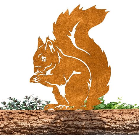 Estaca decorativa rústica de metal para jardín – Conjunto único – Figura de ardilla sobre un poste para árboles y vallas – Hierro natural, 21 x 28 cm, 230 g, 1 pieza – Pátina natural, fácil montaje (1/5)