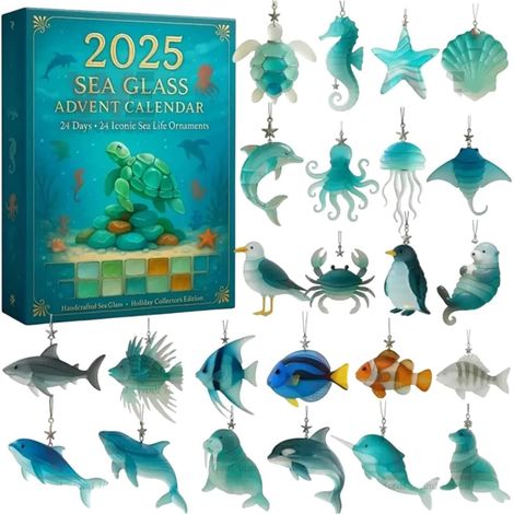 Calendrier de l'Avent 2025 avec 24 animaux de l'océan 2D - Décoration plate - Calendrier de 24 jours pour décorations de sapin de Noël (1/5)