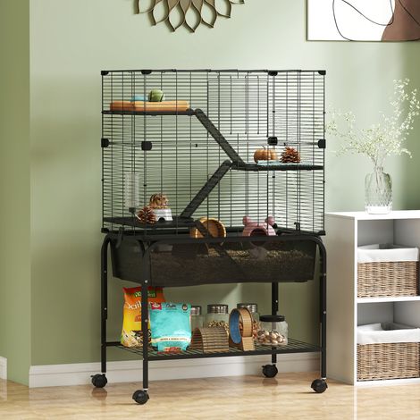 Jaula para Animales Pequeños de 4 Niveles con Ruedas Bandeja Profunda Rampas Plataformas y Comedero 73x47x123 cm Negro (1/5)