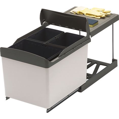 Poubelle coulissante 31L – 3 compartiments (1 x 16L et 2 x 7,5L) – Pour caisson 400mm – Amortisseur intégré – Design gris – Gollinucci (1/2)