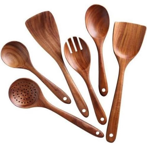 Ustensiles de cuisine, ensemble de 6 ustensiles de cuisine en bois résistant à la chaleur et sans rayures (couleur bois) (1/4)