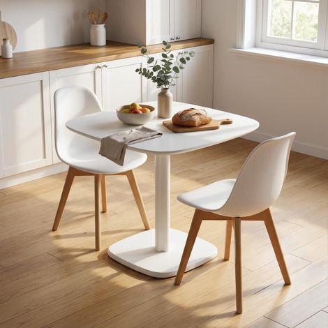 Mesa de comedor para 4 personas, mesa de cocina cuadrada, estilo moderno con tablero imitación madera, 70 x 70 cm, blanca. (1/5)