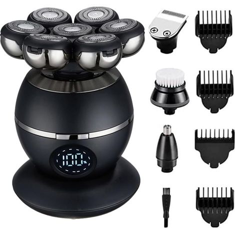 Rasoir électrique 5 en 1 avec 7 accessoires pour hommes chauves, rasoir électrique multifonctionnel pour hommes, kit de coupe de cheveux sans fil et rechargeable, idéal pour les voyages, noir (1/4)