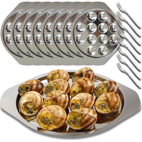8 Pièces Assiette Escargot, Acier Inoxydable, 12 Encoches, Fourchettes Fines, Cuisson Four