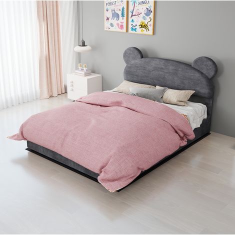 Lit enfant 140x200 cm gris avec rangement à vérins, tissu et métal, sans matelas MEUBLIV (1/5)