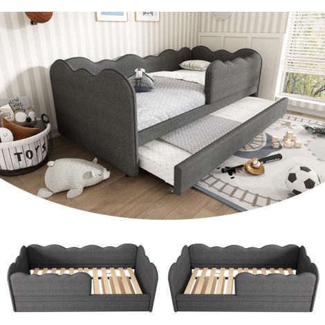 Divano letto imbottito 90x190 cm, divano letto con letto estraibile 90x190 cm, letto per bambini con rete a doghe, lino, grigio, senza materasso (1/5)