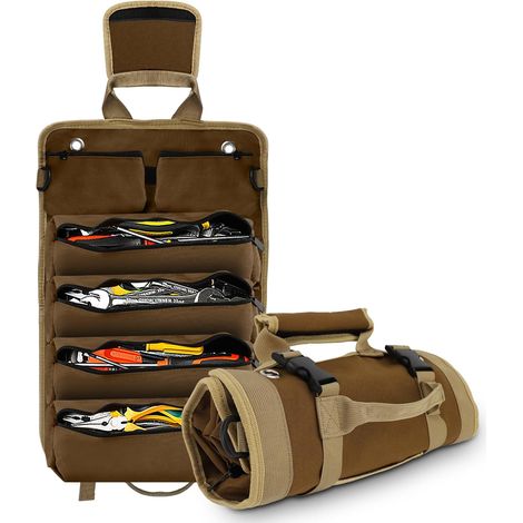 Borsa portautensili arrotolabile - Piccola borsa portautensili con tasche staccabili, robusto organizer arrotolabile - Kit di stoccaggio per meccanici ed elettricisti, regalo per uomo, color kaki (1/5)