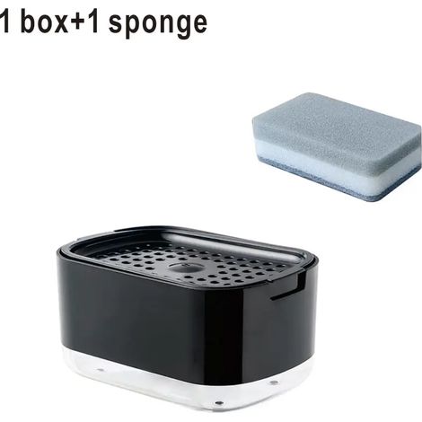 Distributeur de savon à vaisselle 2 en 1 en plastique (ensemble noir) : pompe à savon à poser sur le comptoir, pour la cuisine et la salle de bain. Porte-savon liquide pour la vaisselle. (1/4)