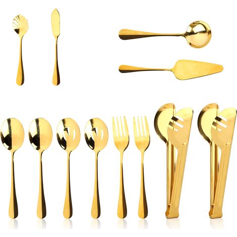 12 Pièces Couverts de Service Doré, Acier Inoxydable Ensemble Couverts de Table Comprenant Fourchettes de Service Cuillères à Fentes Pinces Couteau à Beurre Pelle à Tarte pour Fête Banquet (1/5)