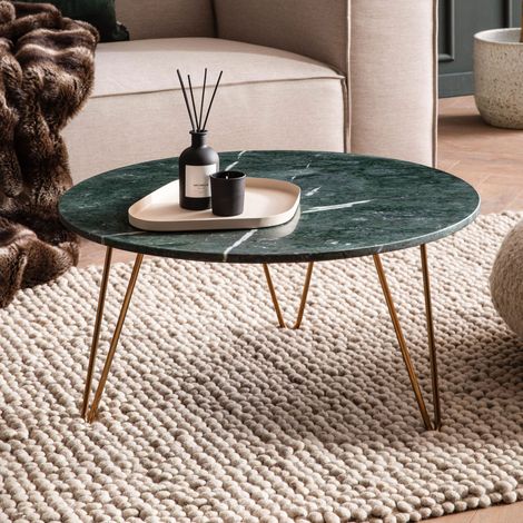 Table basse ronde 70x35 cm en marbre vert foncé et métal doré (1/5)