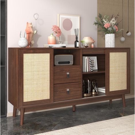 Aparador de MDF y aglomerado color madera oscura, 155x38x80 cm, 3 puertas correderas de ratán y 2 cajones (1/5)