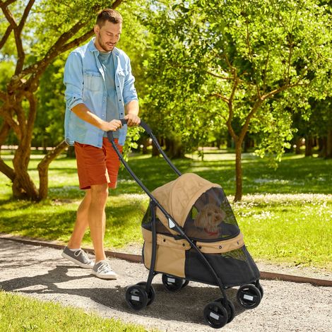 Design Petite poussette pour chien pliable avec fenêtres en maille, coussins lavables, sangles de sécurité et cadre en acier café