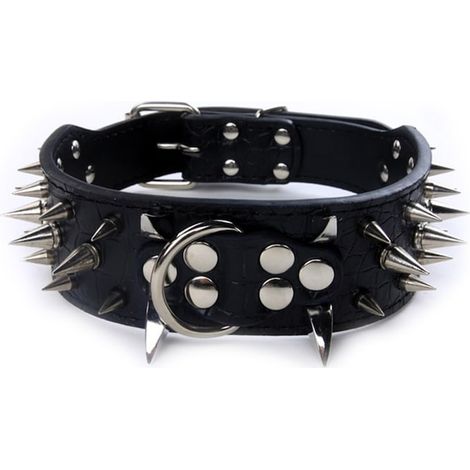 Collier à pointes pour chien, QttvbTna, cuir véritable, réglable, noir/argenté, 51x5cm (1/4)