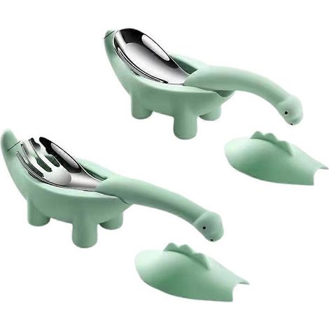 Ensemble de couverts en acier inoxydable vert, en forme de dinosaure, comprenant une cuillère et une fourchette, pour bébés et enfants. (1/5)