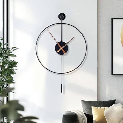 Large Wall Clock Classical Decorative 19.6in/50cm with Pendulum Modern Non-Ticking Silent Metal Wall Clocks Decorative Creative Art Clocks for Home Living Room Bedroom Study Office (Black M)