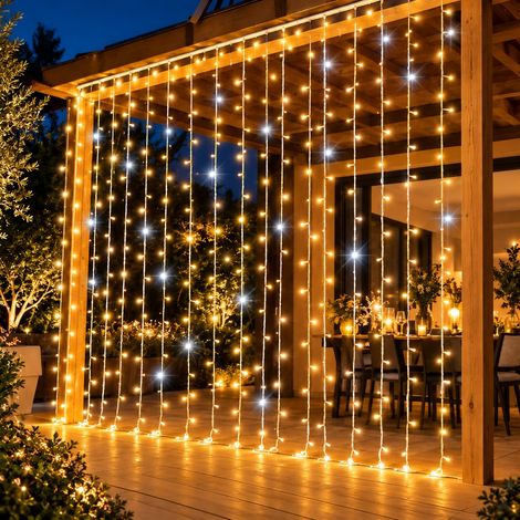 Tenda Luminosa a Cascata 1,5x2 Metri 200 Maxi LED Reflex Luce Calda e Flash Bianco Freddo Cavo Doppio Bianco IP44 (1/4)