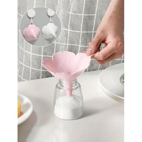 Lot de 2 entonnoirs en forme de fleur de cerisier faciles à nettoyer - Bouche large, adaptés pour sucre, huile, condiments, liquides et poudres, en plastique résistant rose (1/5)