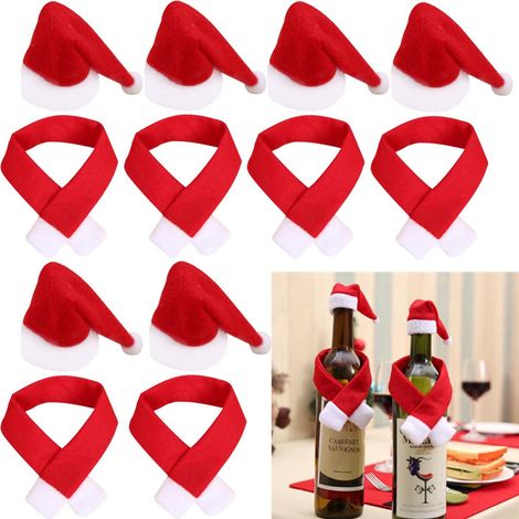 Ensemble de 6 décorations pour bouteilles de vin de Noël : bonnet et écharpe tricotés, mini-housses style Père Noël pour les fêtes de Noël, décoration intérieure, cadeaux et petits présents festifs. (1/5)