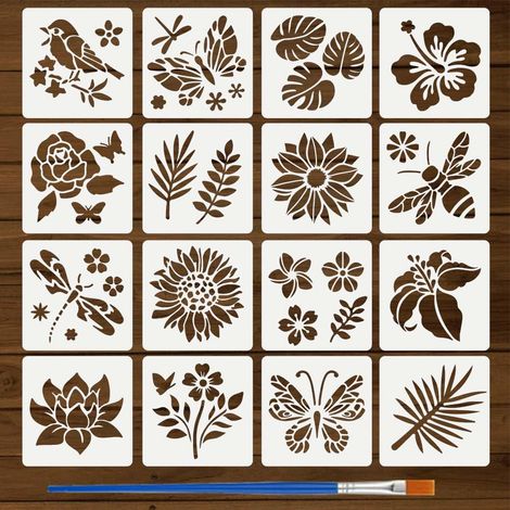 16 Pièces Pochoirs de Fleurs Oiseaux avec Pinceau 15x15cm Gabarit de Feuilles Fleurs Pochoir de Papillon Libellule Gabarit Floral pour Peinture sur Mur Bois Meuble DIY Décoration Maison (1/5)