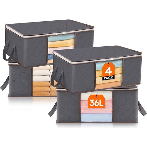 Sac de Rangement Vetement, Boite Rangement Pliable, Rangement Sous Lit, Housse Rangement Couette pour Vêtements, Couvertures, Demenagement, Gris, 36 L, Lot de 4