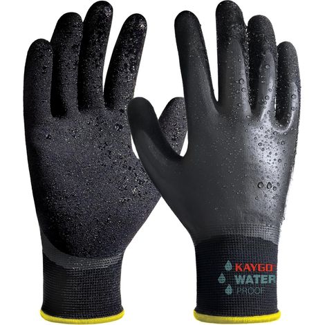 gants de travail imperméables pour hommes et femmes avec double revêtement en latex, antidérapante grip pour jardinage, lavage de voiture, pêche, nettoyage, KG150 (Noir, L, taille 9, 1 paire) (1/5)