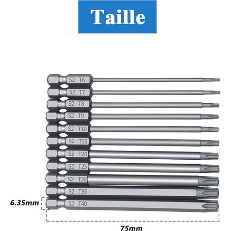 Lot de 11pcs Bits Tournevis Embouts de Tournevis Magnétique Torx Creux T6-T40 de Tige Hexagonale 1/4" à Tête Torx de Sécurité Inviolable 75mm Bit Set Tournevis Électriques Hex Tige en Acier (1/5)