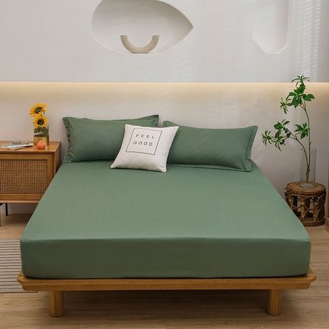 Sábana bajera ajustable, 160 x 200 x 30 cm, de algodón puro superfino, apta para colchones de hasta 30 cm de grosor, color verde claro (1/5)